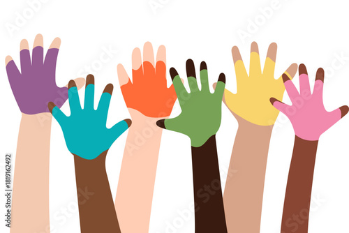 Diverse raised hands in vibrant colors. Symbol of unity, support, volunteering, equality and teamwork. Perfect for campaigns, education and social projects. Different  hands with rainbow pain on it