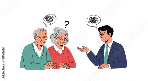 Confused elderly couple receiving advice from a younger professional in a suit.