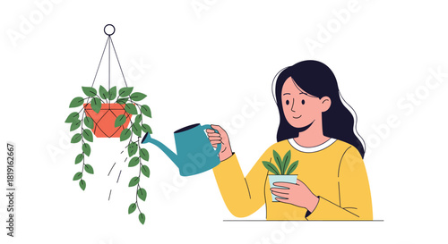 Woman watering a hanging plant while holding a potted plant; illustration.