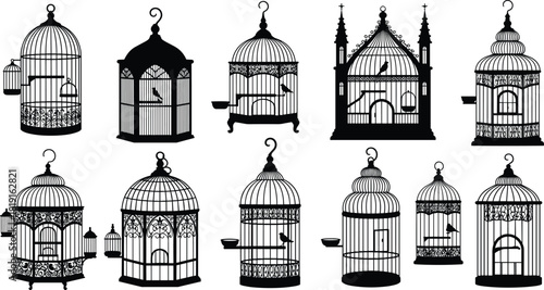 Elegant vintage birdcage silhouette collection featuring ornate decorative cages, perched birds, detailed metalwork designs and classic ornamental shapes for creative artwork