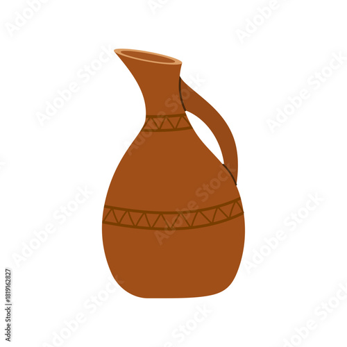 Vector illustration of an old ceramic vase and traditional clay jug used for serving wine and water. Rustic earthenware vessel with ethnic ornament. Isolated element.