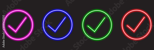 Set of colorful neon check mark icons inside circles on a dark background signifying acceptance approval and correct choices a vibrant modern graphic for success and confirmation	