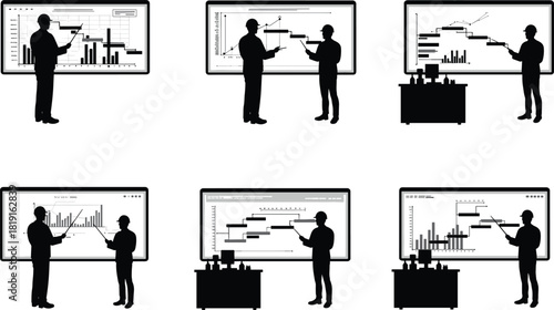 Engineers analyzing project data and progress charts on digital board, business meeting presentation, teamwork discussing statistics, project management strategy, vector illustration