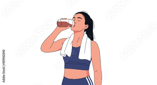 Woman in athletic wear drinks from a shaker bottle after a workout.