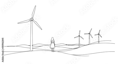 A single line art drawing of a woman standing in a vast field of wind turbines under a continuous sky