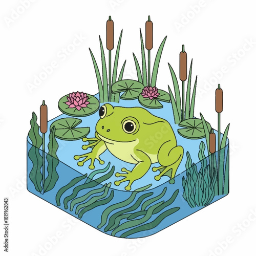 Illustration of a Green Frog in a Pond with Cattails and Lily Pads.