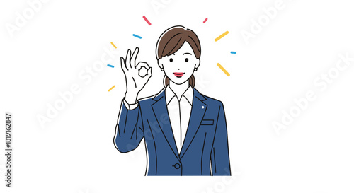 Businesswoman making an ok gesture with colorful rays of light around her head.