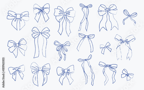 Set of doodle hand drawn trendy coquette blue bows and ribbons. Whimsical minimalist vintage vector illustration for holiday poster, greeting cards, wedding invitations, branding