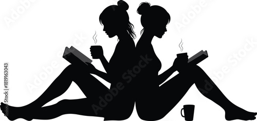 Silhouettes of two people reading books with coffee cups, back-to-back seated figures, abstract shadow design, cozy lifestyle illustration