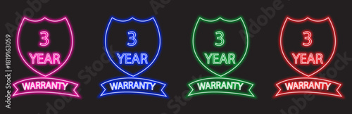 Set of colorful neon shield icons with the text 3 year warranty glowing on a dark background, representing protection and guarantee, perfect for digital and commercial use	
