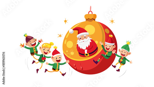 Cartoon Santa riding a giant Christmas ornament like a swinging ball, laughing as elves cheer below