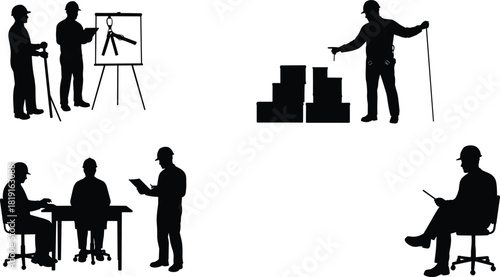 Engineers and architects discussing construction plans, project management and design planning process, teamwork and supervision in engineering meeting illustration