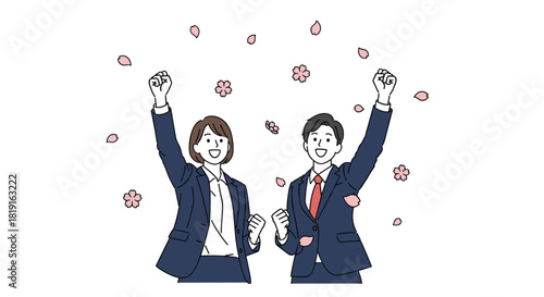 Two business people in suits cheer with fists raised as cherry blossoms fall around them.