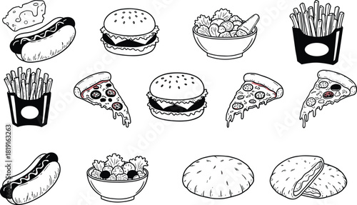 Fast food illustration set with burgers, pizza, fries, hot dogs, and salads, hand-drawn doodle style restaurant meal design