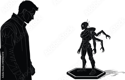 Futuristic scientist observing advanced humanoid robot prototype on platform, showcasing innovation, artificial intelligence development, high-tech engineering, cybernetic design