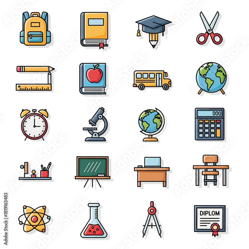 Collection of School and Education Icon Set with Colorful Design Elements.