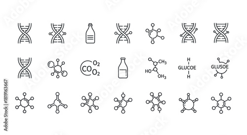 Collection of Scientific Molecular Structures and DNA Helix Icons.