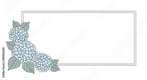 Frame decorated with blue hydrangeas and green leaves on a white background.