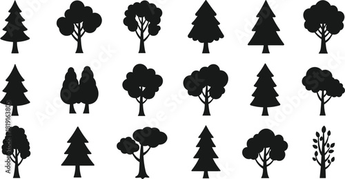 "Tree silhouette icons collection, various foliage and trunk designs, evergreen and deciduous shapes, abstract black shadow trees, botanical landscape reference"