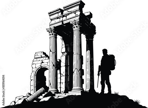 Hiker exploring ancient stone ruins, featuring broken columns, historic architecture, dramatic silhouette scenery, and adventure travel elements in detailed illustration style