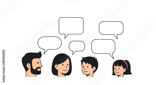 Diverse family members of four communicating with each other through speech bubbles.