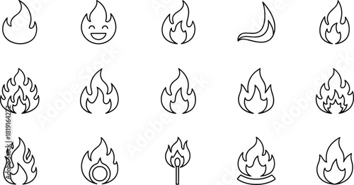 Set of Fire and Flame Vector Line Icons, Featuring Bonfire, Heat, Matchstick, Energy, and Cute Happy Flame Symbol for Warmth and Danger Concepts