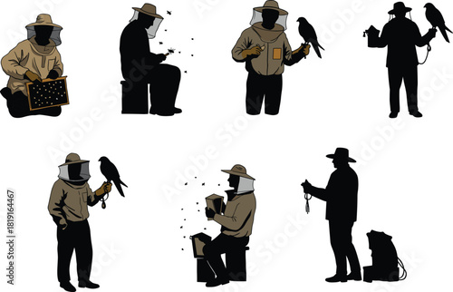 Illustration of beekeepers and falcon handlers working with bees and trained birds, showing protective gear, apiary activity, wildlife care, and outdoor professional tasks