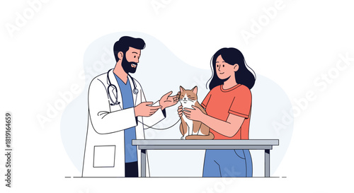 Veterinarian examines a cat while its owner holds it on a table.
