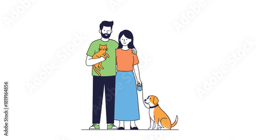 Happy couple with their beloved cat and dog are standing together outdoors on a white background.