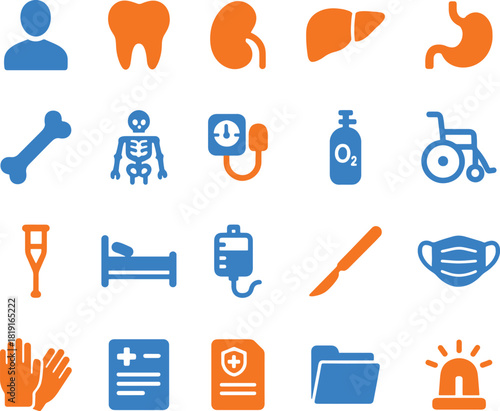 Medical icons health care collection set human body organs bone skeleton hospital devices emergency tools equipment