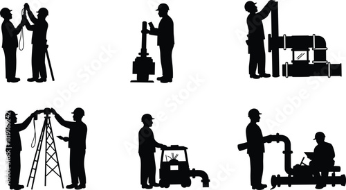 Industrial engineers assembling and inspecting pipelines, measuring water flow systems, and installing mechanical piping equipment in construction and factory environments