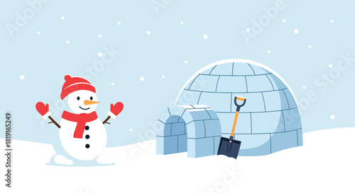 A friendly snowman with red accessories stands in the snow next to an igloo and a shovel.