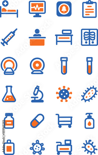 Medical and laboratory icons set hospital equipment diagnostic tools test tubes viruses bacteria research