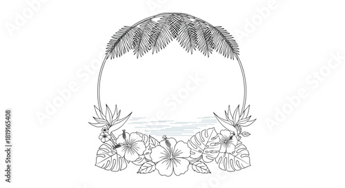 Tropical frame with palm leaves, hibiscus flowers, and bird of paradise.