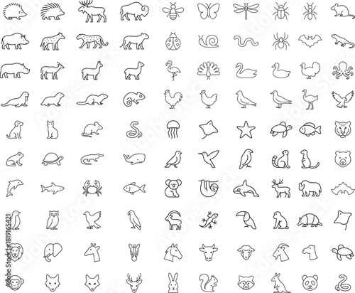 Animal outline icons set various mammals birds reptiles insects marine life wildlife vector illustrations