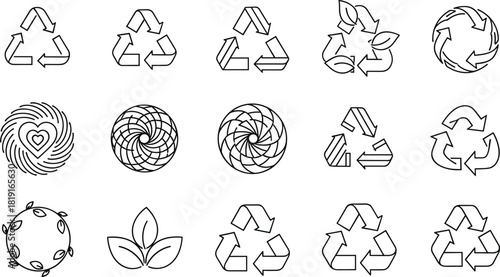 Set of Recycling and Ecology Line Icons Vector, Featuring Sustainable Arrows, Leaves, and Environment-Friendly Symbols for Nature Conservation