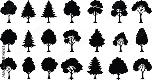 Tree silhouettes collection, various shapes and forms, evergreen and deciduous, abstract black shadow trees, landscape design, botanical reference set
