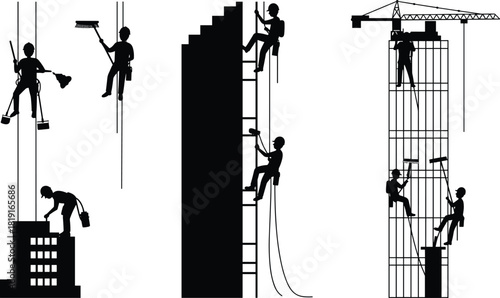 Industrial rope access workers cleaning and maintaining tall buildings, high-rise facade cleaning professionals using safety harnesses and modern construction equipment
