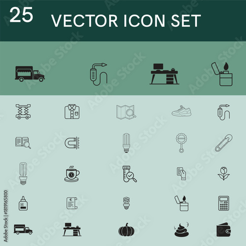 A collection of 25 vector icons featuring various objects and symbols, including transportation, office supplies, clothing, food, and other miscellaneous items