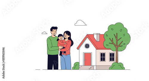 A happy family stands in front of their new home with a tree and clouds in the background.