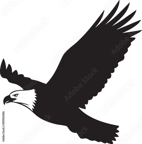 A stylized black silhouette of a majestic eagle in powerful flight, symbolizing freedom, strength, and soaring aspirations against an open sky