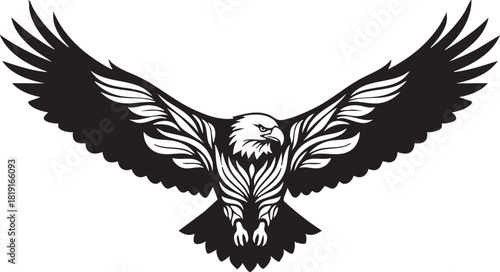 Intricate black and white drawing of a flying eagle with open wings, representing courage, honor, and a wild spirit