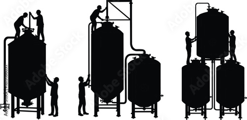 Industrial workers maintaining large metal storage tanks, engineers checking pipes and valves, factory maintenance, industrial equipment inspection, manufacturing and production process concept