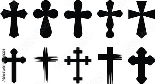 Collection of ten black cross silhouettes on white background