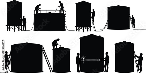 Industrial workers maintaining storage tanks, cleaning, welding, and performing inspection at construction site with safety equipment and teamwork precision