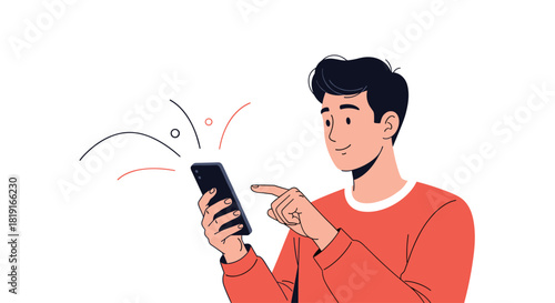 A young man in a red sweater is happily using his smartphone with colorful graphics emanating from the screen.