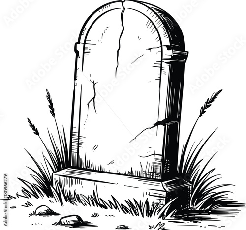 Cracked tombstone in tall grass sketch gravestone cemetery