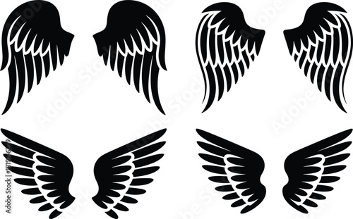 Four pairs of black angel wings on white background