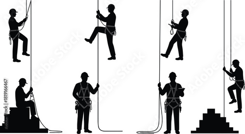 Industrial workers using safety harnesses and ropes for climbing, training, and maintenance, demonstrating fall protection and workplace safety equipment techniques