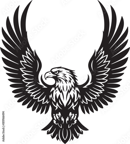 A majestic bald eagle with wings spread wide, a powerful black and white vector illustration symbolizing freedom and strength